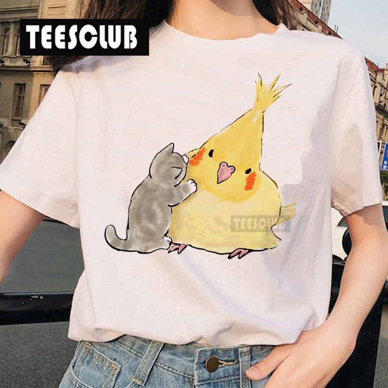 Women's Polyester 100% European-Style Cartoon Parrot Cat Print T-shirt Short Sleeve Harajuku Graphic Top Summer