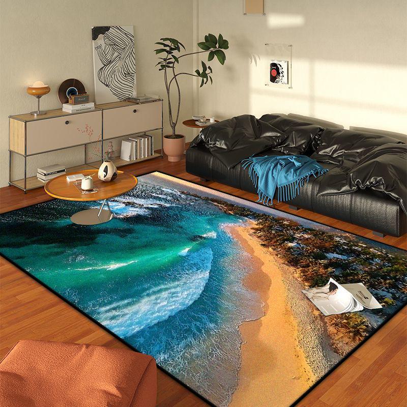 Modern 3D Style Beach Pattern Large Living Room Rug Non-slip Easy Cleaning Dining Room Decor Carpet Soft Sofa Table Mat Flannel
