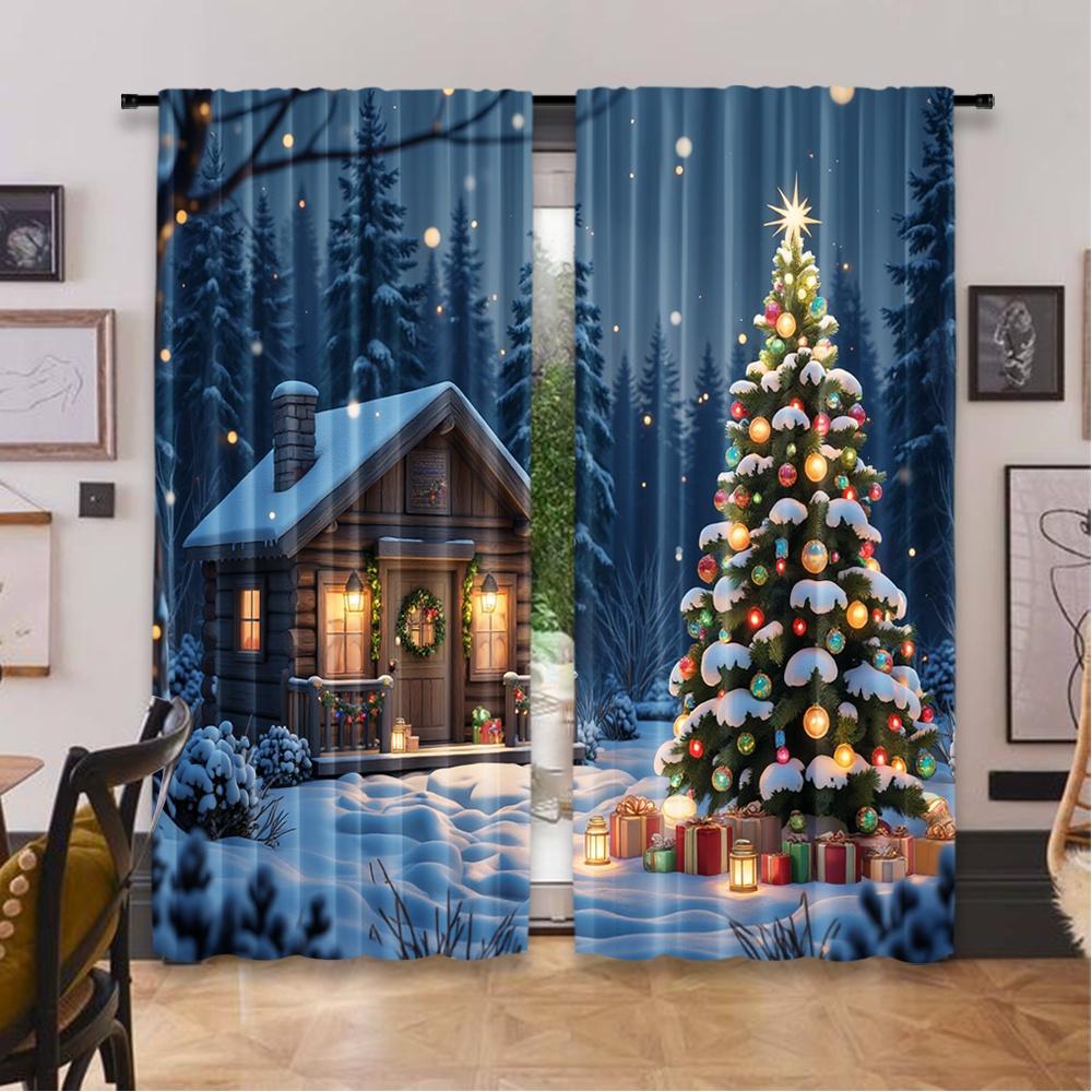 Set Of 2 Flat Printing Christmas Curtains Holiday House Scene Scopic Stylish Polyester Fiber Party Curtain Made