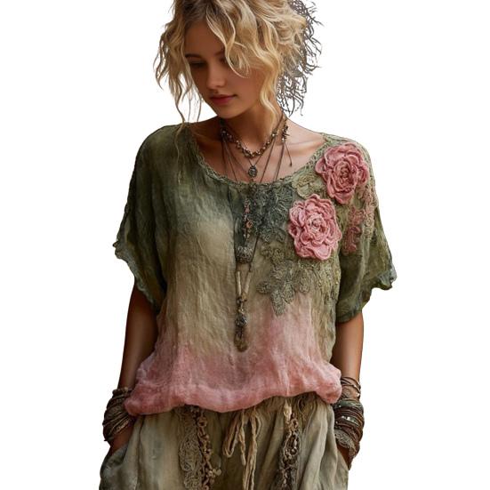 Women Tops Round Neck Short Sleeve Retro Floral Art Print Pullover Tops Loose Fit Soft Fabric Casual Summer Shirt