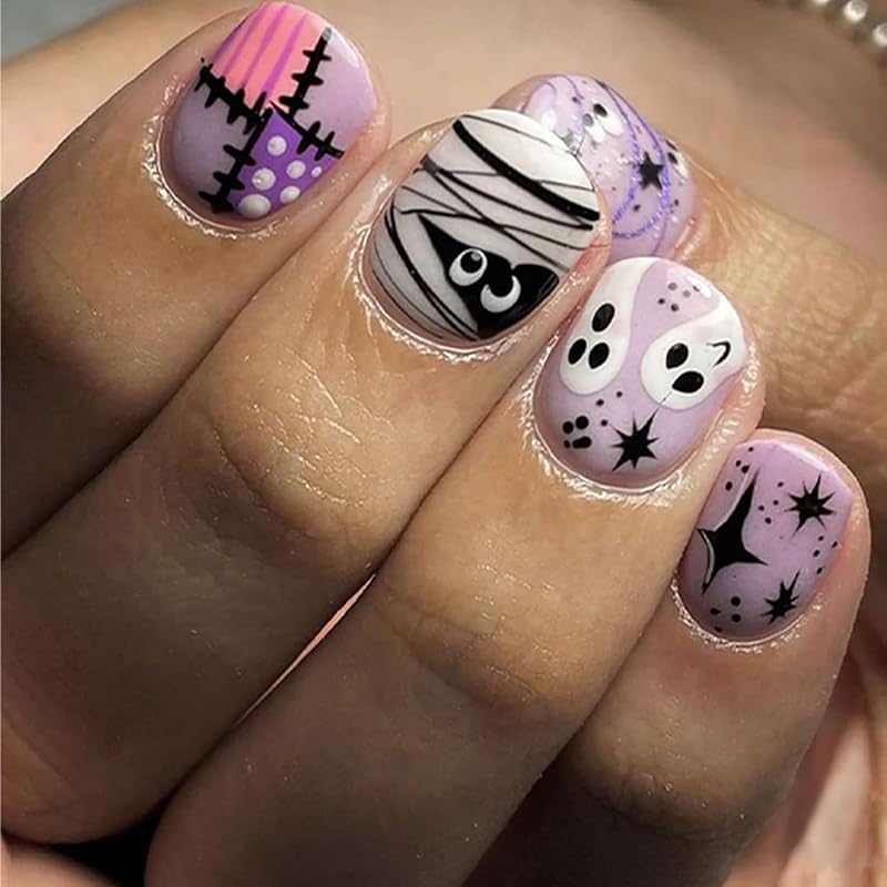 Press on Nails Halloween Square French Tip Fake Nails Mummy and Cobweb Designs Stick on Nail Nude Color Acrylic Nail Halloween Glue on Nails Full