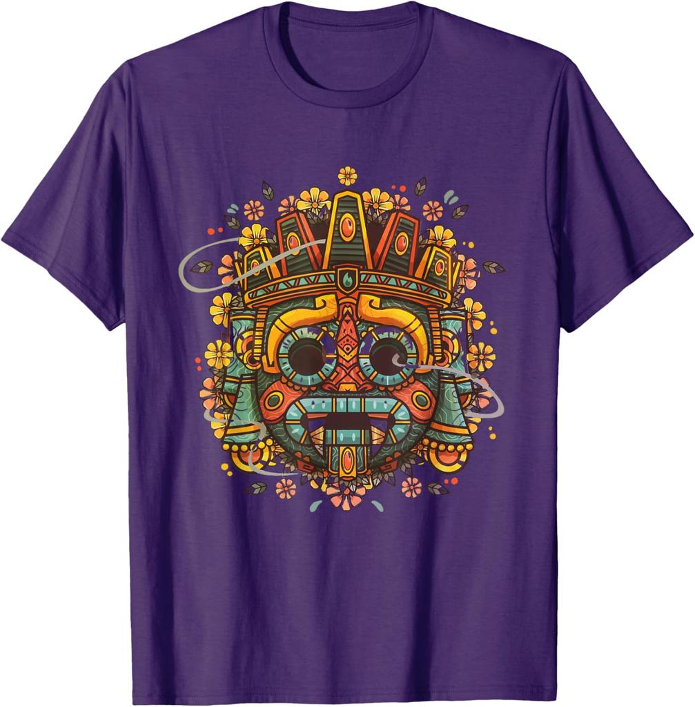 T-shirt Colorata Maschera Maya Azteca Uomo Casual Traspirante Grafica Maglietta Viaggio