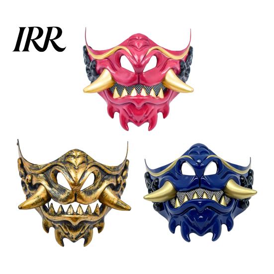 Stage Performance Halloween Props Japanese Hannya Red Half Mask, Wolf Teeth & Embossed Cloud Details, Breathable Lightweight Detailed Relief