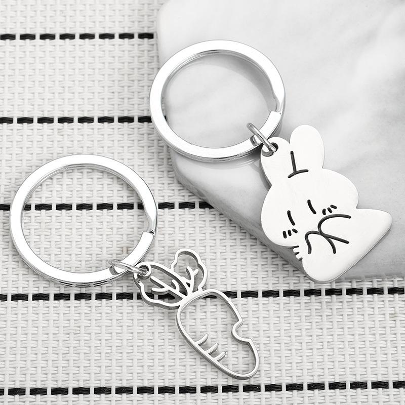 Rabbit Carrot Stainless Steel Keychain Lovely Cartoon Design Fashion Couple Keyring Practical Student Backpack Pendant