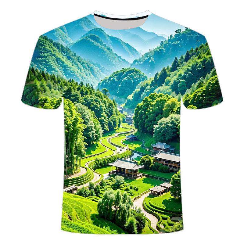 2024 summer new 3D printed short sleeved personalized creative trend bamboo forest series men's and women's round neck T-shirt