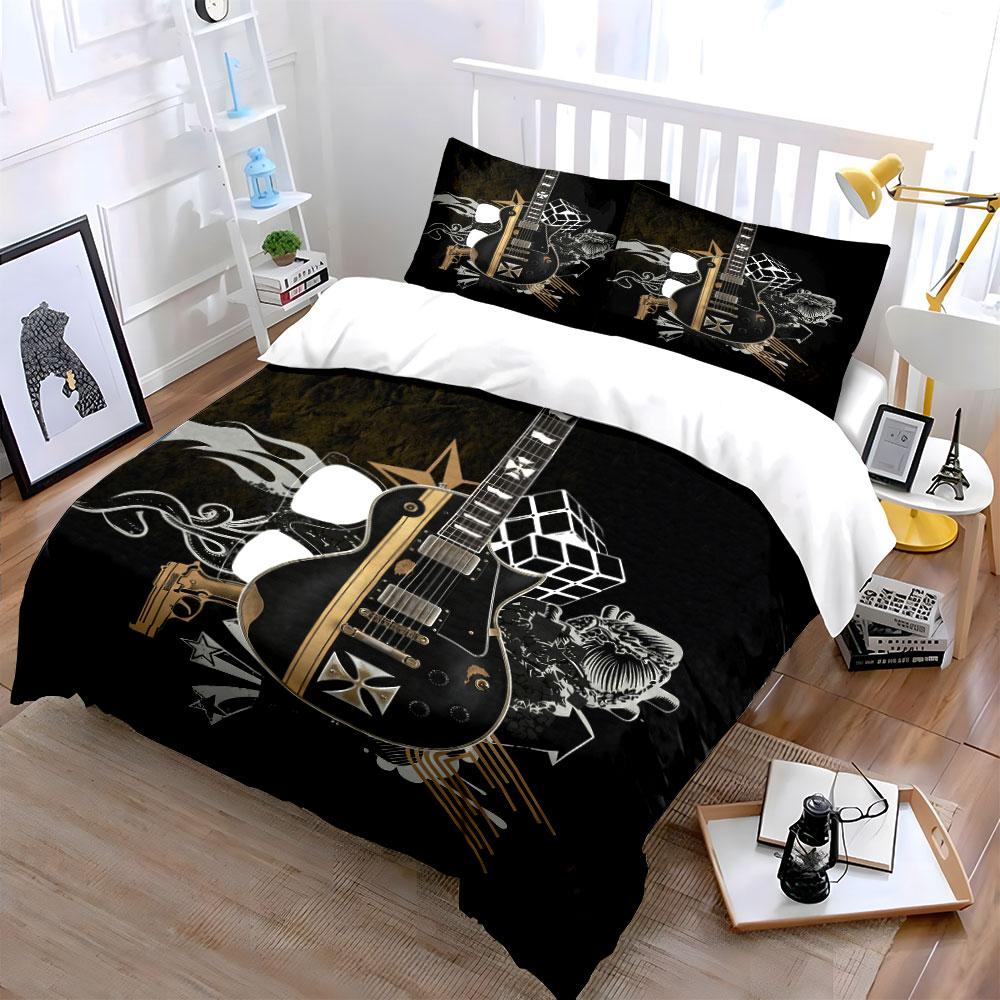 Rock Style Guitar Decor Set Multiple Sizes Kid'S And Adults' Bedroom Exquisite 3Pc Bedding Set, Gift