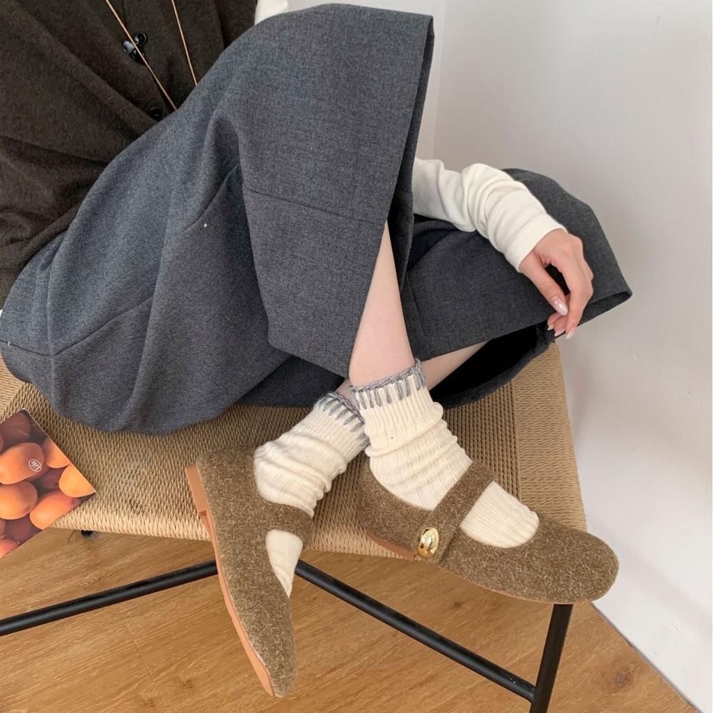 Late evening wind felt gray round head soft-soled shoes all-inclusive women's autumn and winter outer wear Mori retro Mary Jane single shoes