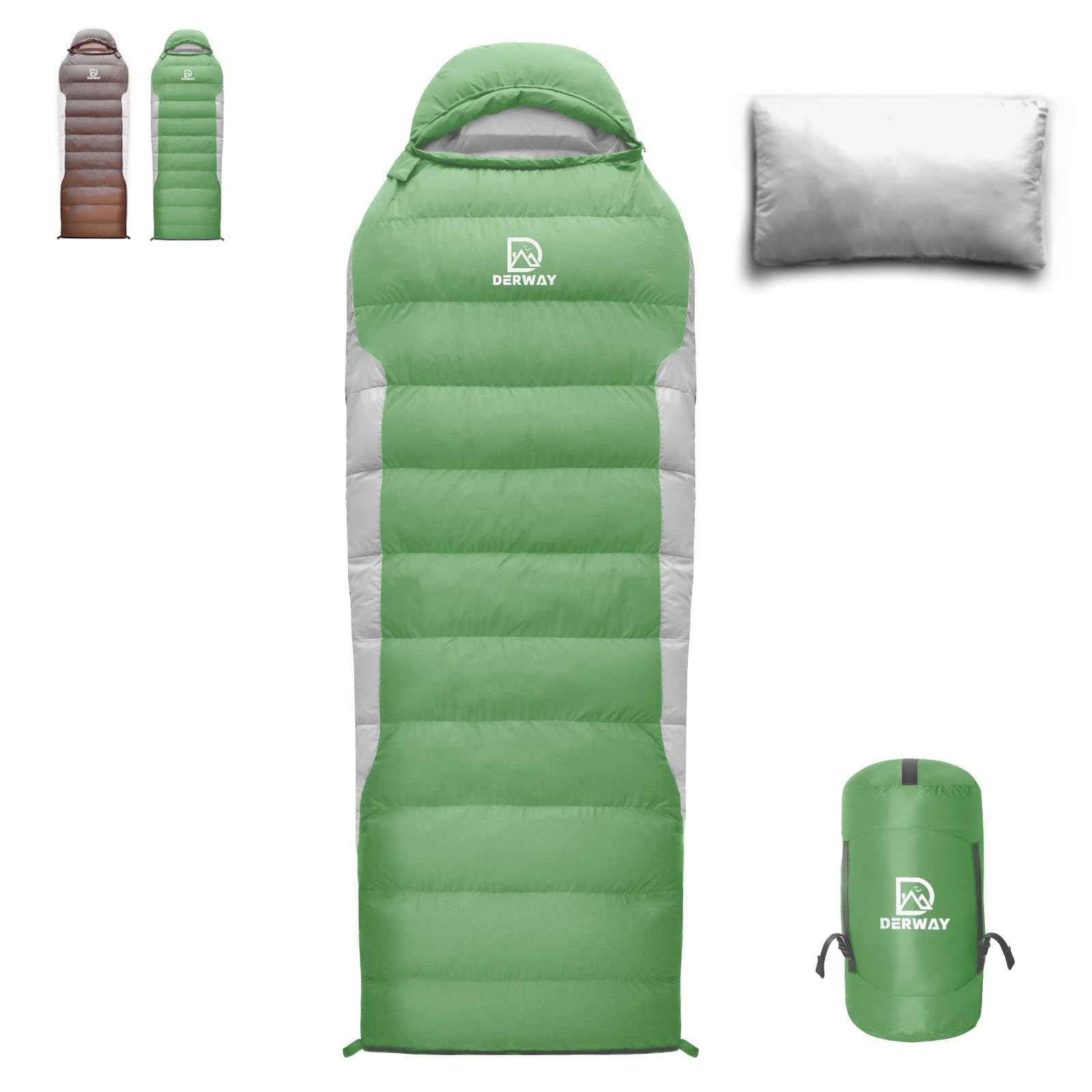 

Derway Down Sleeping Bag with Ultralight Small Lighter and Suitable for Emergency Outdoor and Car and Winter 500g Down Pillow, Envelope-Style Package, зелёный
