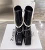 Aphixta 7.5cm High Heel Ankle Boots Square Toe Luxury Pearl Metal Chain Dec Patent Leather Women Shoes Elegant Ankle Boots