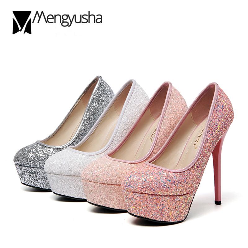 Wedding Party Shoes Women Sexy Super high heels White/Silver/Pink glitter Pumps Bling Pointed toe platform shoes zapatos mujer