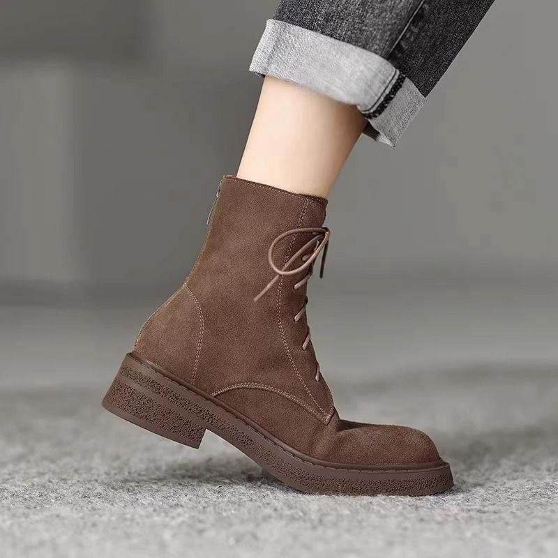 

Leather matte flat-bottomed Martin boots women s 2025 new British style thick-soled lace-up short boots spring and autumn single boots tooling boots 35 хаки