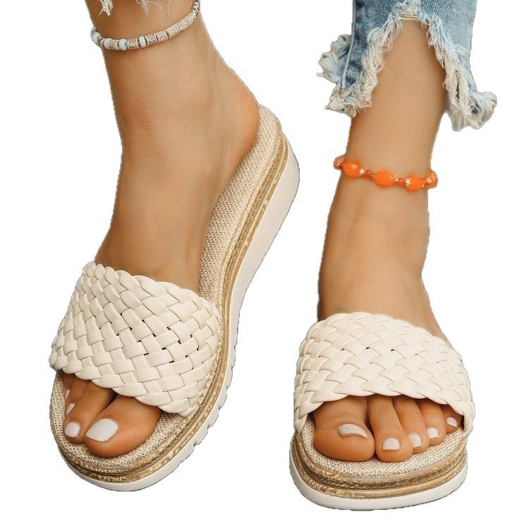 Slope heel cool slippers women's summer new round head hand-woven word with casual thick-soled slippers