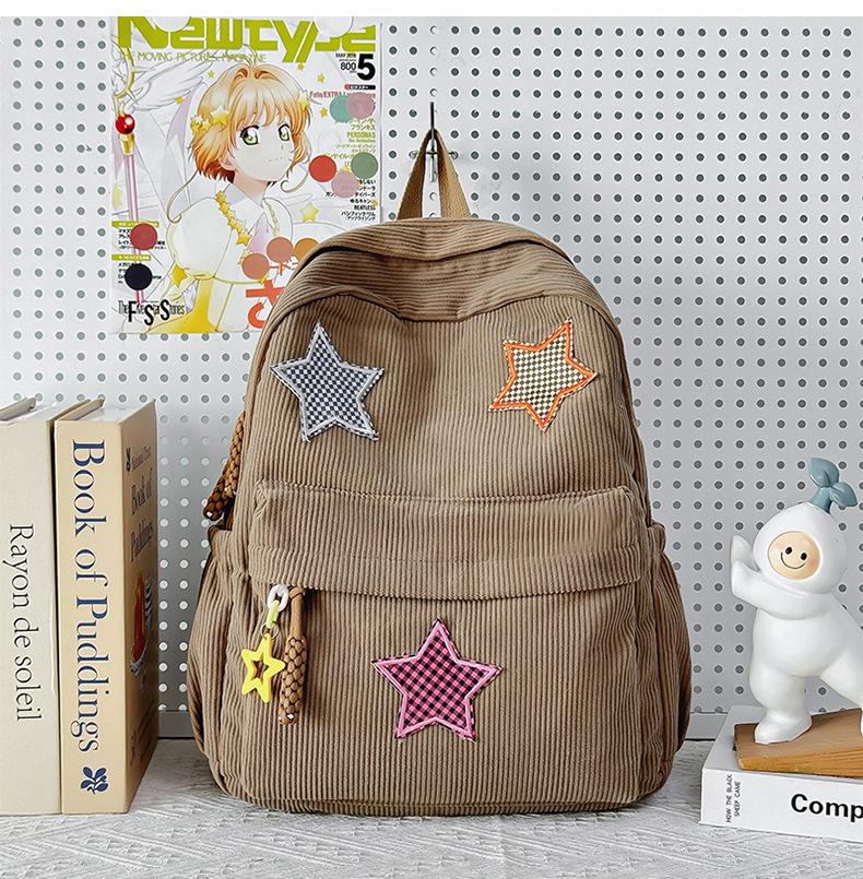 Women's Mori Style Corduroy Backpack - Harajuku Middle School Bookbag with Star Design for Travel