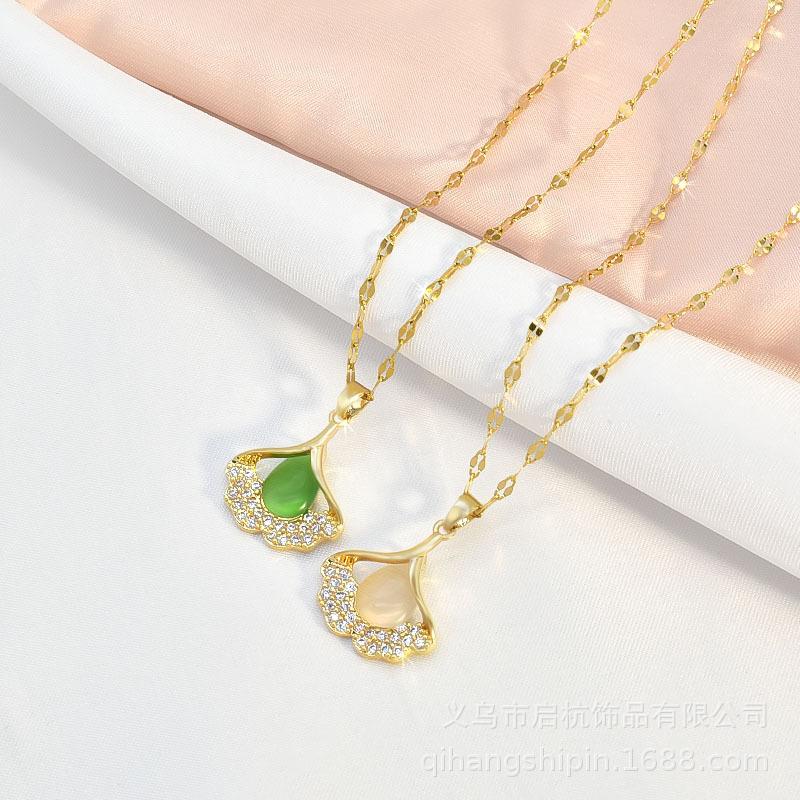 Small Apricot Leaf Necklace Women'S Micro-Inlaid Zircon Opal Pendant Titanium Steel Clavicle Chain High-End Simplicity