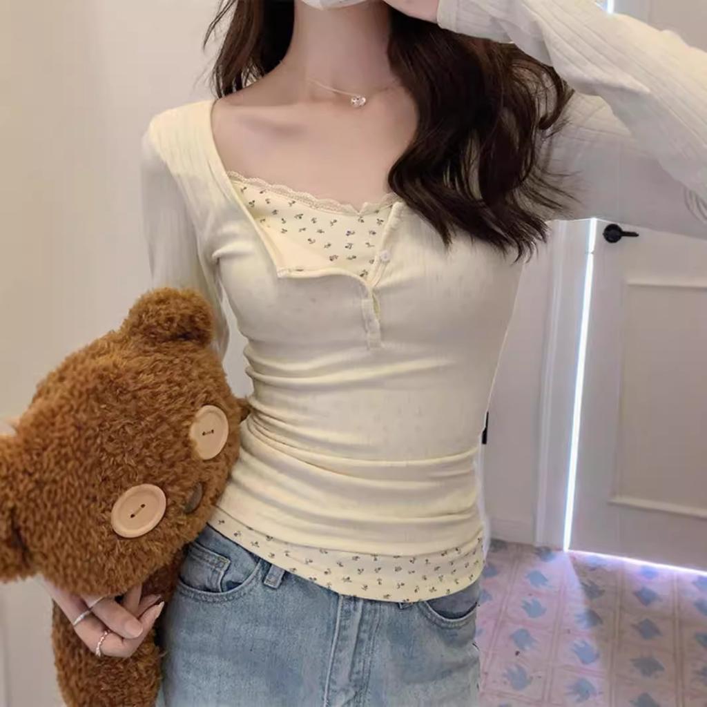 Pure Desire Lace Low-necked T-shirt Women's Early Spring Break Two Bm Floral Bottoming Shirt with Short Top Inside