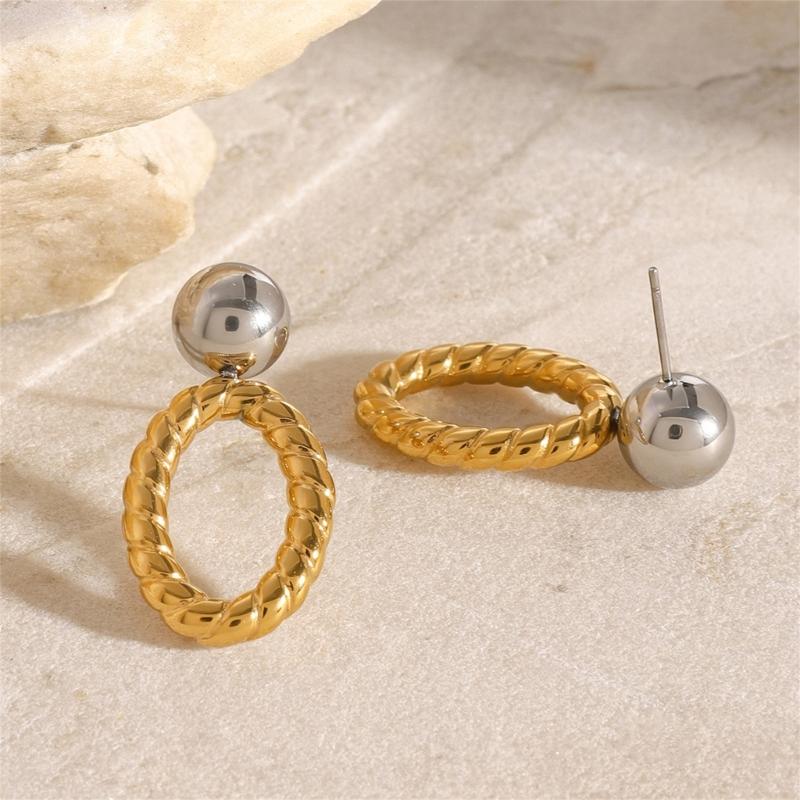 Elegant Stainless Steel Texture Jewelry Set with Round Stripes Designs Includes Necklace Earrings and Bracelet