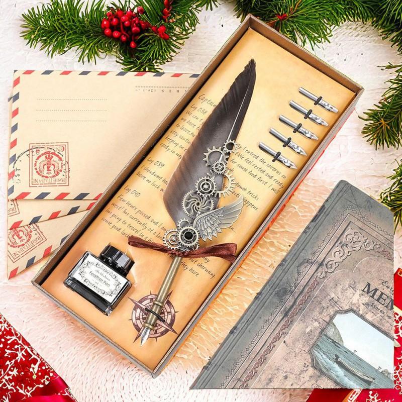 Vintage Map Feather Dip Pen Set Brass Base Wax Seal Stamp Gift Box Holiday Birthday