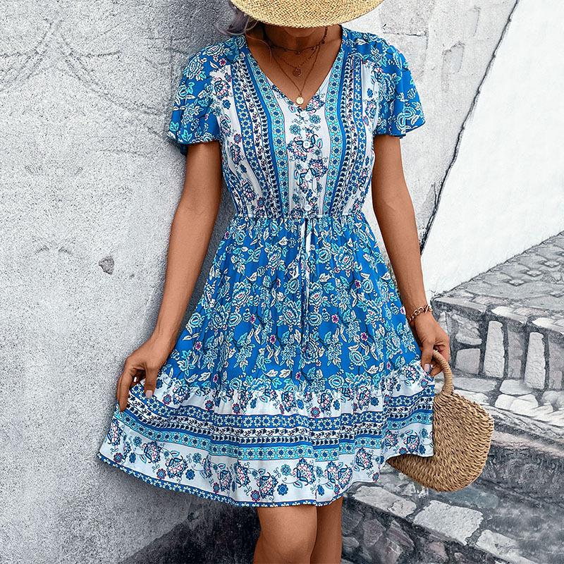 2026 new European and American summer women s v-neck ethnic floral dress S