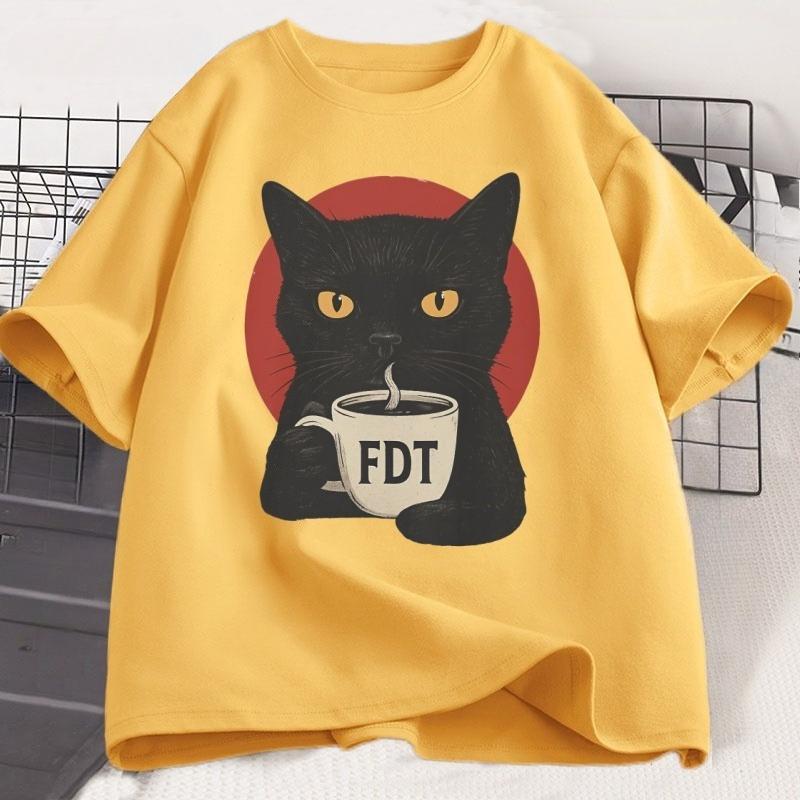 

FDT Black Cat Tshirt Unisex Women Cotton Short Sleeve Tshirt Soft Breathable Round Neck Short Sleeve Tee Unisex Casual Wear Tops 4XL