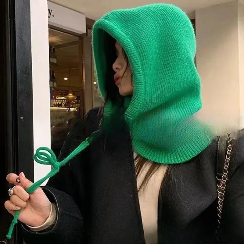 

Трендовая балаклава, французская шапка для девочек, милая вязаная шапка однотонного цвета, воротник, худи цельного кроя, теплая шапка, зима One Size зелёный