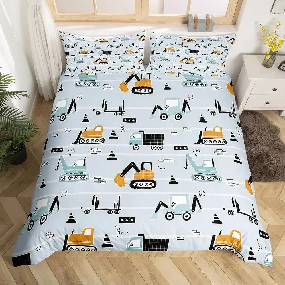 Construction Vehicles Boys Excavator Duvet Cover Yellow Tractor Truck Bedding Set For Teens Child Old Retro Car Theme Room Decor