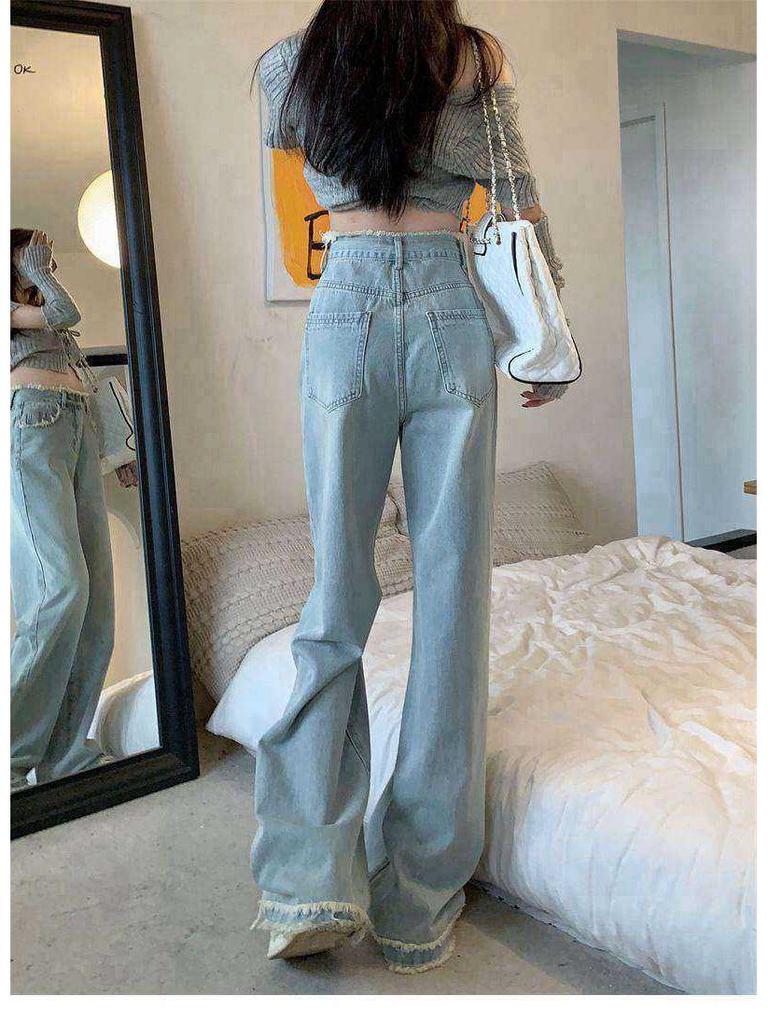 Women's Light Blue High-Waisted Wide-Leg Jeans - Petite, Loose, Slimming, Straight-Leg, Floor-Length (Spring/Autumn 2025 Style)