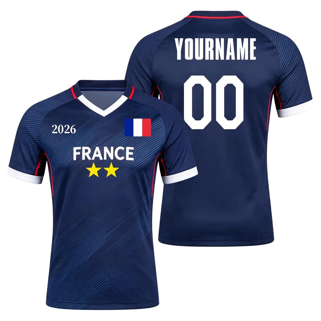 2026 Maglia da Calcio con Stampa Bandiera Francese Nome Numero Personalizzato Tessuto ad Asciugatura Rapida Magliette Sportive Per Tifosi di Calcio Uniforme da Allenamento Dropshipping