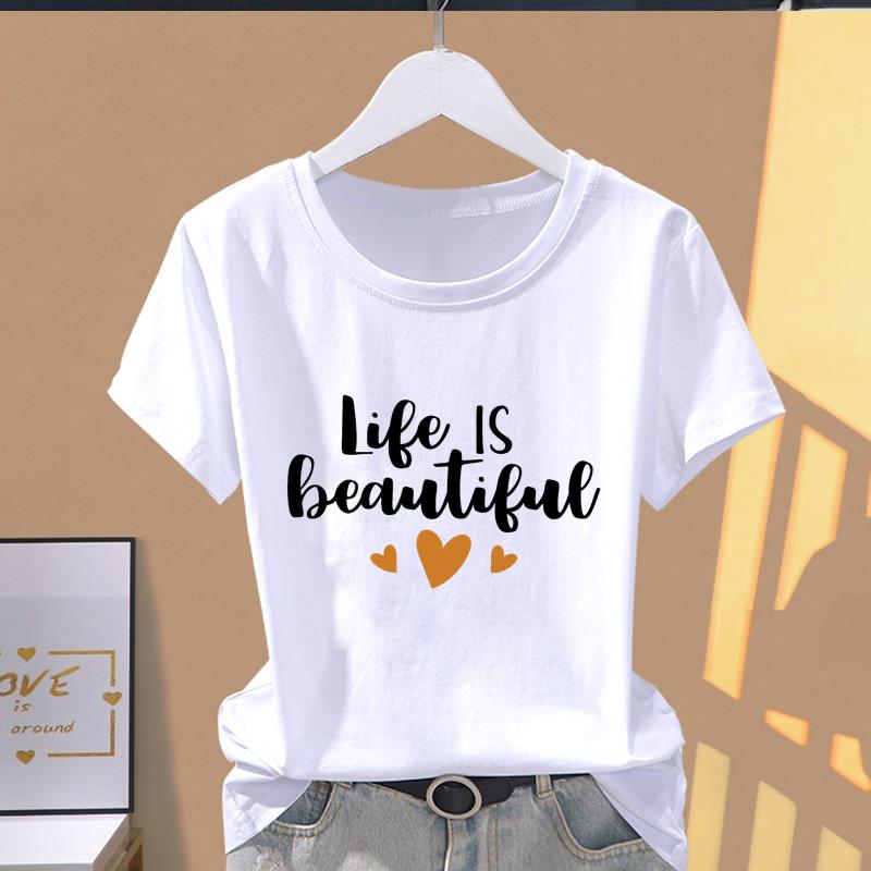 

(Asian Size) Women s Top Short Sleeve T-shirts letter trend lovely O-neck Casual Clothing Fashion Female T shirt Printed Graphic Tee S