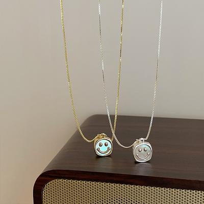 Fritillary Square Smiley Face Pendant Necklace Female Niche Unique Personality Fashion Sweet Temperament Versatile Neck Chain Collarbone Chain