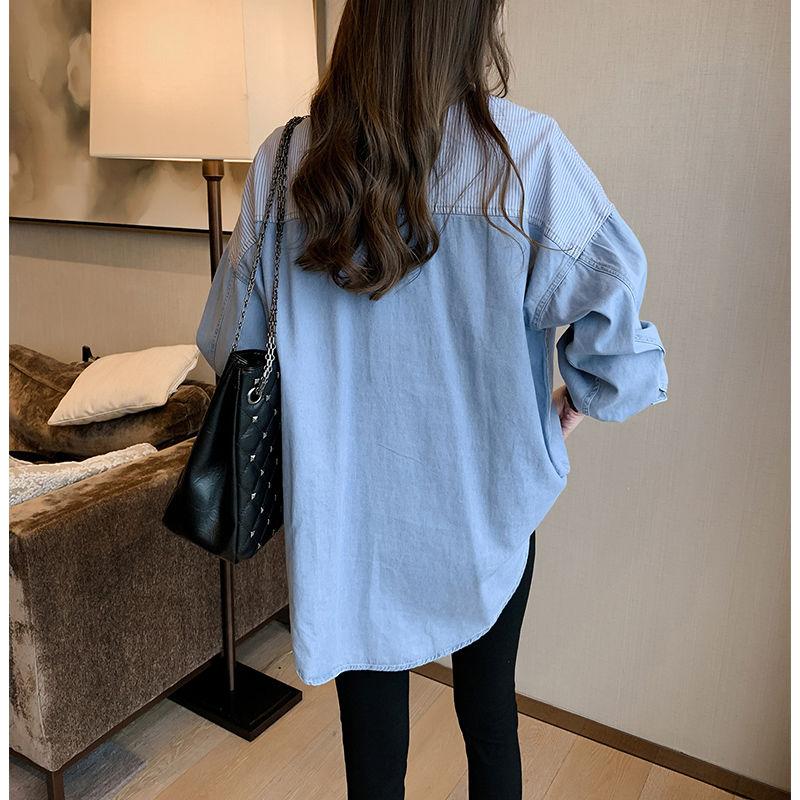 Denim Shirt Women's Spring and Autumn Large Loose Long-sleeved Shirt Striped Shirt Versatile Casual Tops