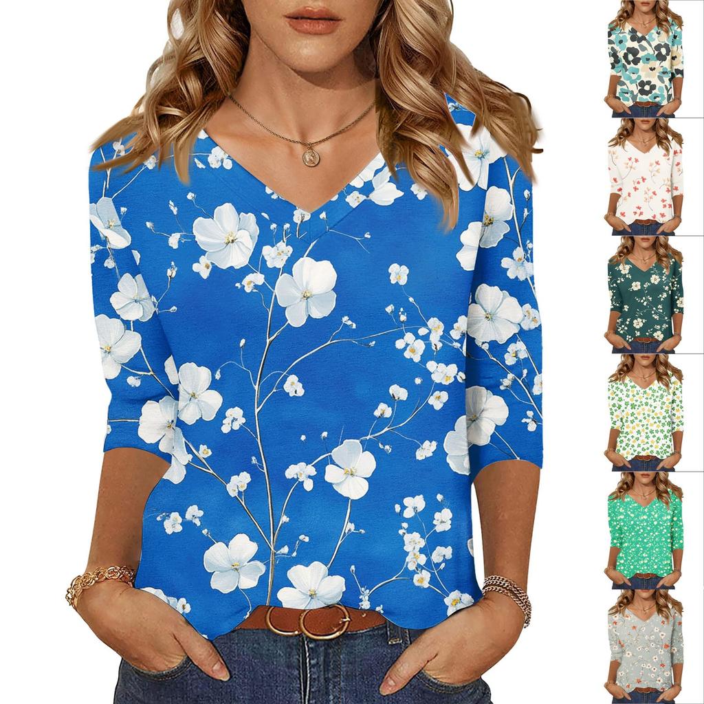 Women's Tops Three-quarter Sleeve Shirt V-neck Loose Casual Shirt Floral Printed T-shirt