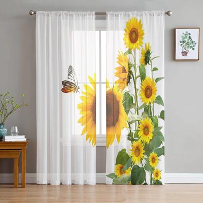 Sunflower Plant Butterfly Bouquet Leaves Flower Chiffon Sheer Curtains Living Room Bedroom Decor Window Voiles Tulle Curtain