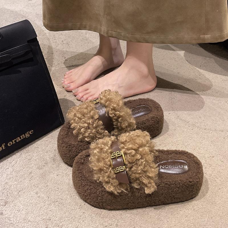 Women Fashion Slippers Round Toe Platform Sole Belt Buckle Open Toe Cotton Slippers Outdoor Fashion Plus-size One-line Slippers