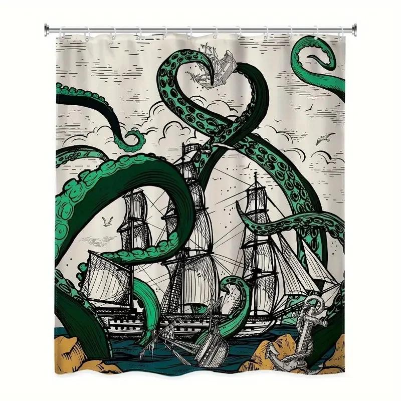 Vintage Nautical Octopus Waterproof Shower Curtain Navy Blue Mermaid Fun Ocean Sea Monster Bath Shower Curtain Anchorage Map