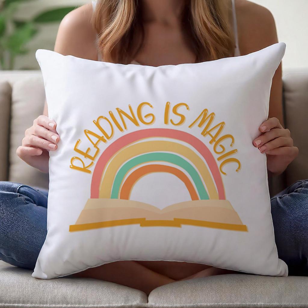 Jessica Chen Unisex Reading Is Magic Pillow Cover – Book & Rainbow Design For Kids, Teachers & Book Lovers 40X40cm 50X50cm
