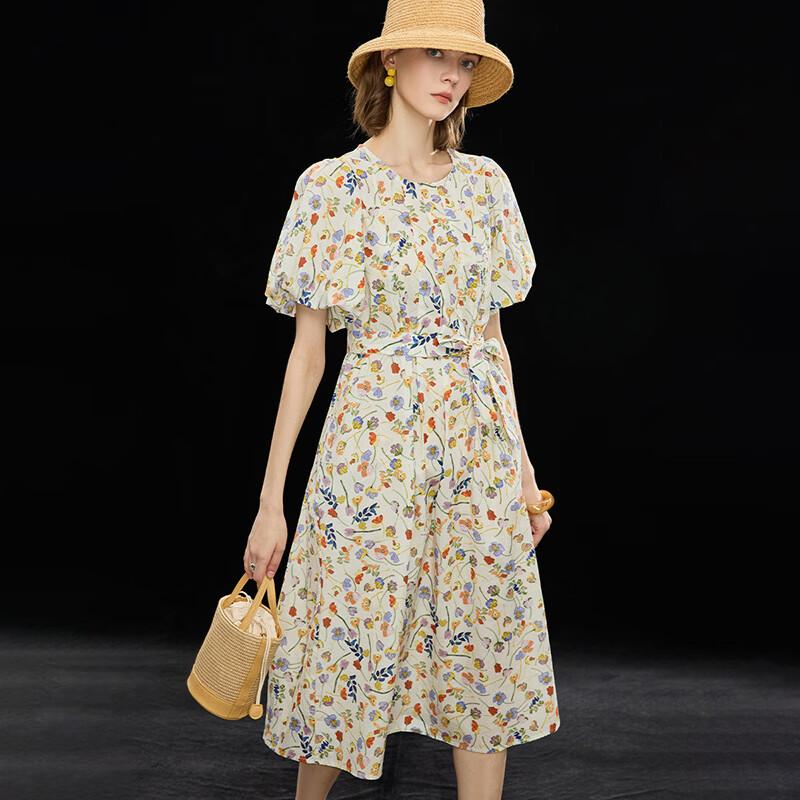 French Holiday Print Waist-Cinching Short Sleeve Dress