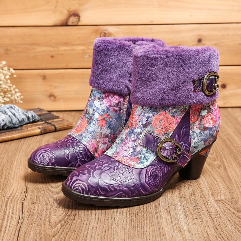 

Johnature Винтажные женские сапоги Этнический стиль Натуральная кожа Мода Меховой воротник Короткие сапоги Зимняя обувь с ручной росписью