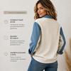 Women Contrast Denim Spliced Collar Sweatshirt, Henley Button Placket Loose‑Fit Top, Soft Comfort Long Sleeve Blouse for Ladies Daily Street Casual
