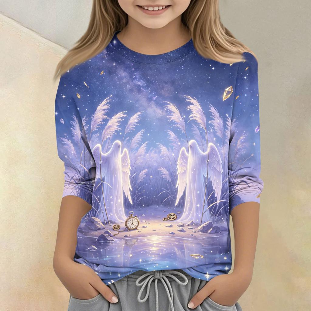 Kids Halloween Printed Round Neck 3/4 Sleeve Casual T-Shirt Top Comfortable Fit Lightweight Soft Fabric Suitable for Boys Girls