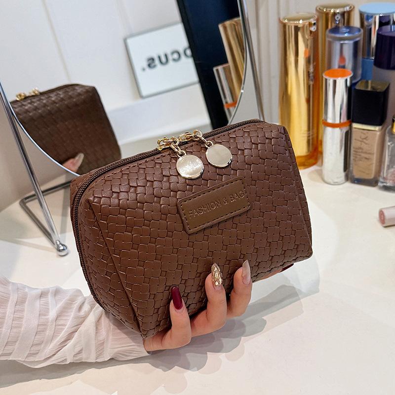 2026New Woven Texture, Premium Feel Pu Handheld Makeup Bag, Portable Cosmetic Organizer