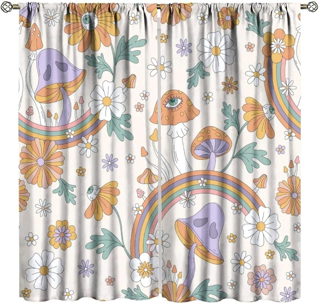 70S Flowers Curta Retro Colors Floral Groovy Vintage Colorful Blackout Window Drapes For Bedroom Living Room Kitchen Cafe