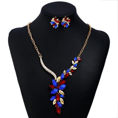 Creative Exaggerated Jewelry, Long Alloy Full Diamond Necklace Earrings Set