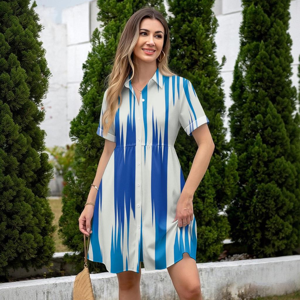 Women's Casual Loose Fit Shirt Dress Button Down Collar Short Sleeve Floral Print Summer Dress