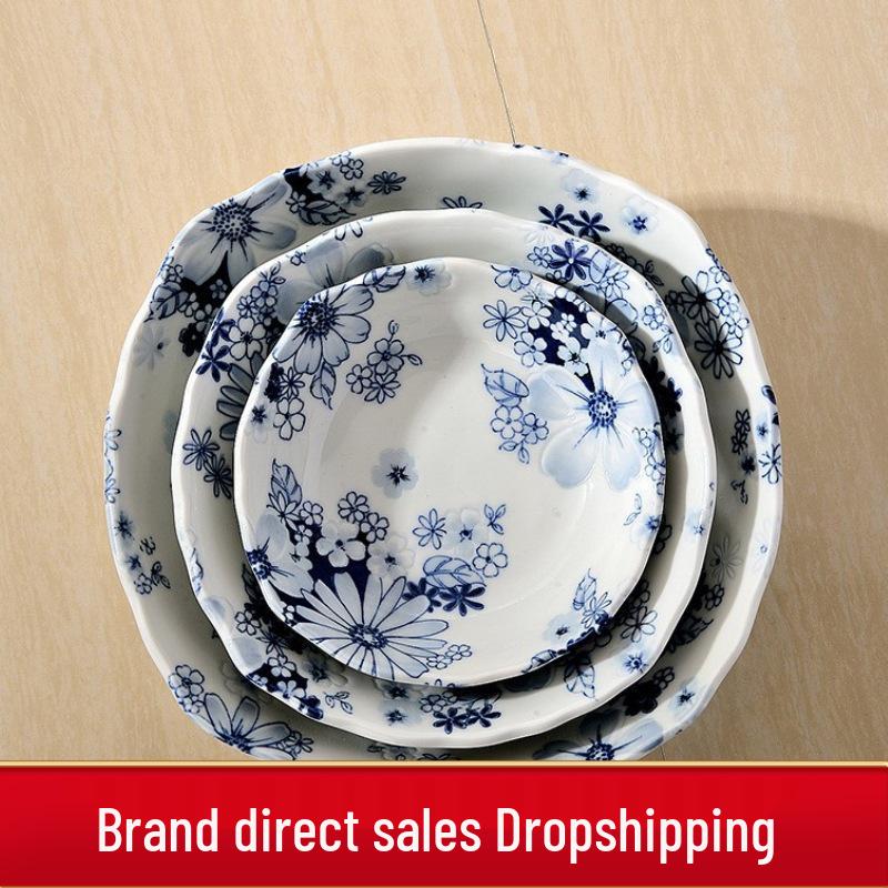 Mino Ware Hand-Painted Blue and White Ceramic Bowl - Japanese Embossed Tableware for Sushi and Soup.