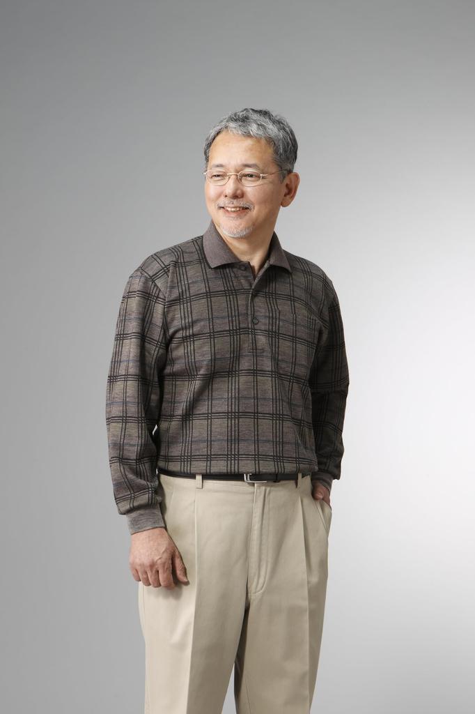 Polo Größe Lang Wolle Hergestellt in Kariert Stretch Braun [Little Island] Herrenhemd, L, Braun, Ärmel, Jacquard, Mischung, Japan, Wolle, Muster, Jacquard,