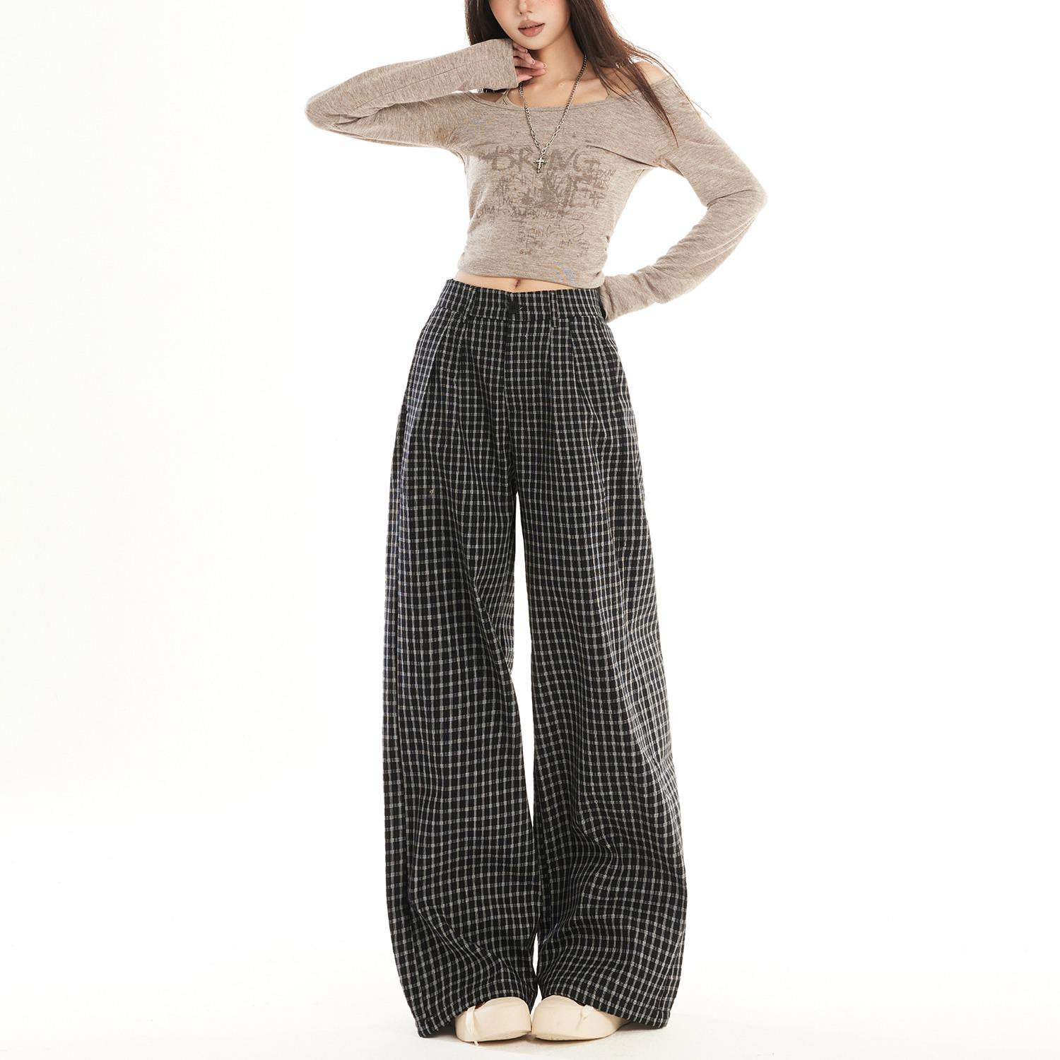 Plaid High-Waisted Loose Wide-Leg Pants - Women s Spring/Summer 2026 Collection S