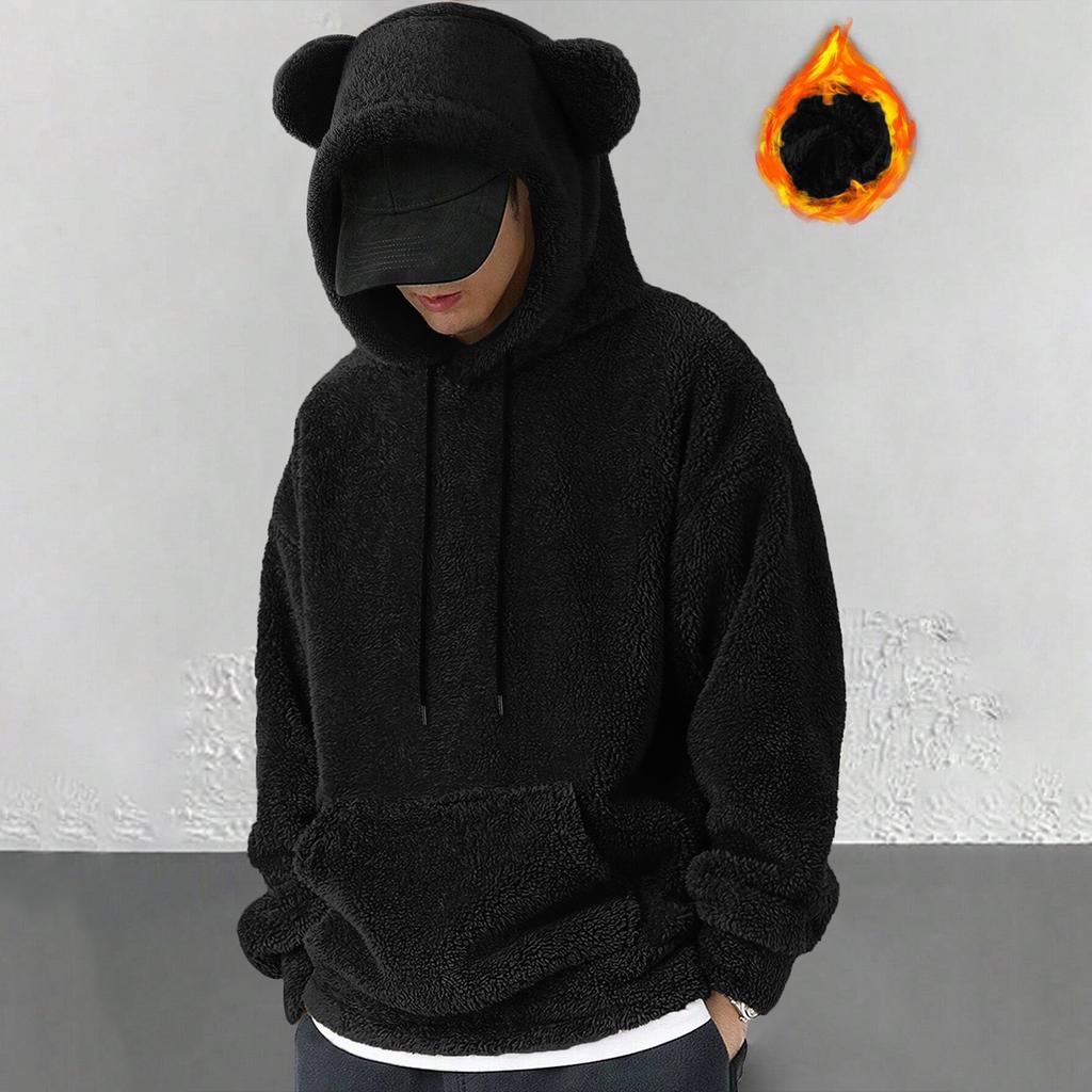 Men's Winter Fashion Solid Color Plush Hooded Sweatshirt