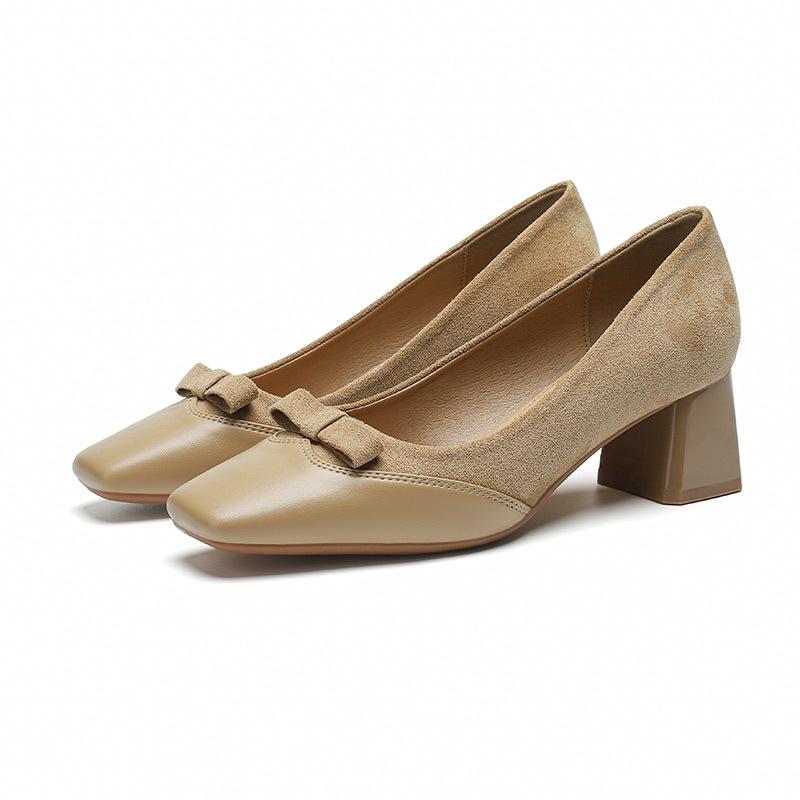 

8-1 ретро светлое устье толстый каблук одинарная обувь квадратный носок сладкий стиль бант высокие каблуки замшевые туфли невесты 40 абрикосовый