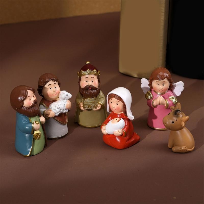 Christmas Cartoon Nativity Scene Miniature Figurines Set Resin Manger Scene Statues Ornaments for Home Decoration Collectible Gift