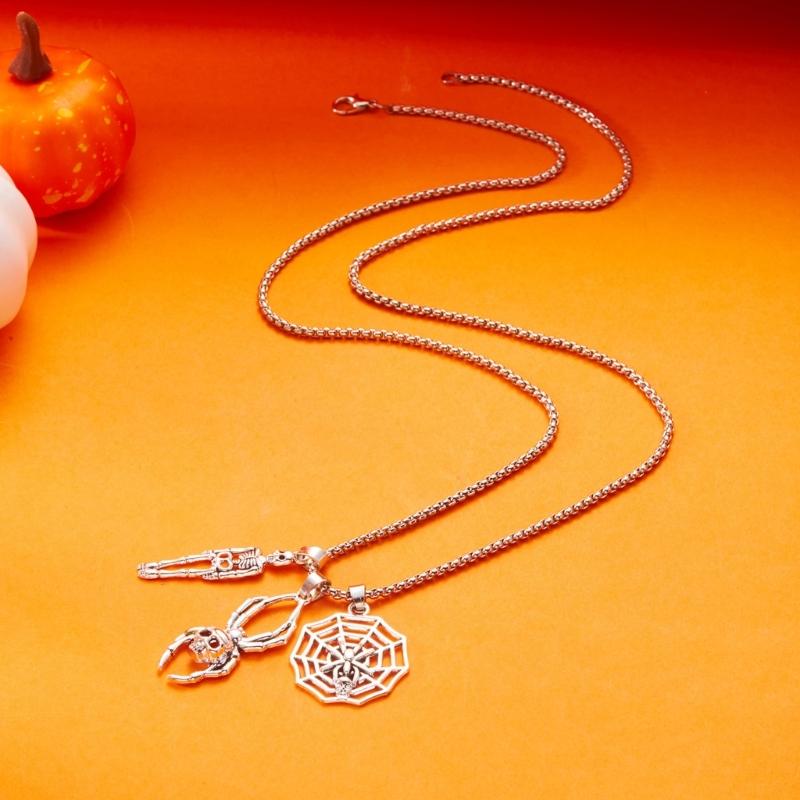 Halloweens Gothic Spiders Skull Pendant Necklace Adjustable Chain Sturdy Alloy Jewelry for Costume Parties